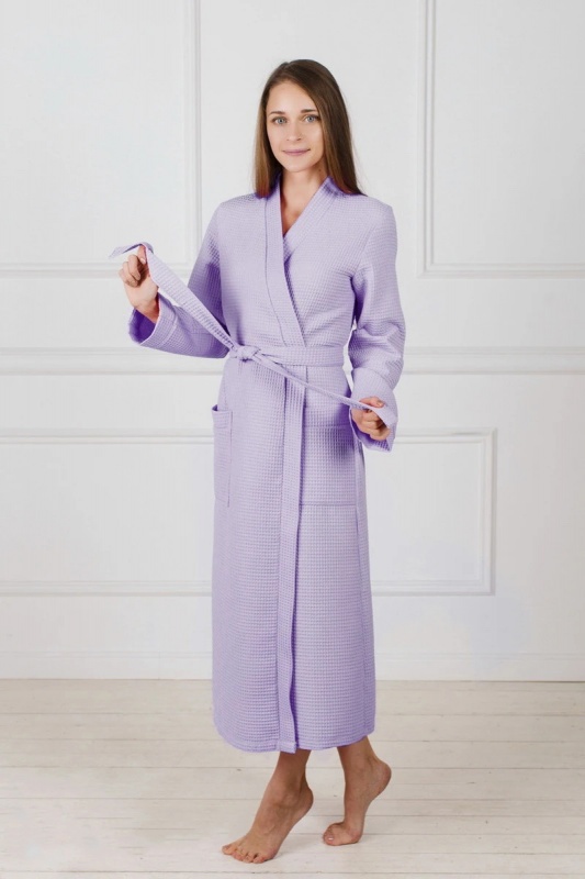 Женский вафельный халат с планкой (Сиреневый)